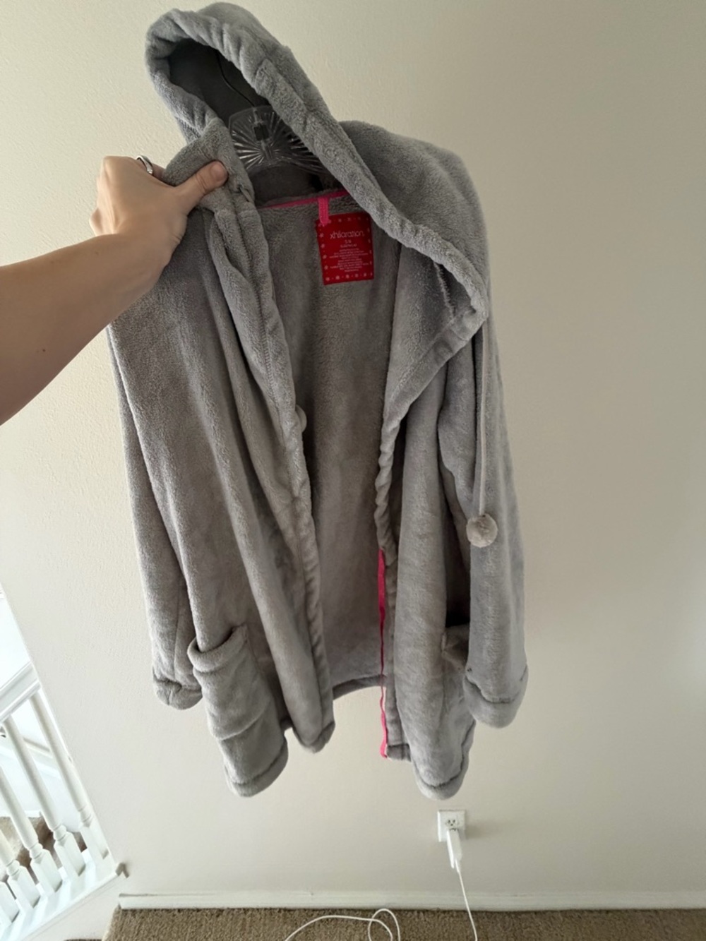 Xhilaration Gray Plush Hooded Robe with Pink Trim